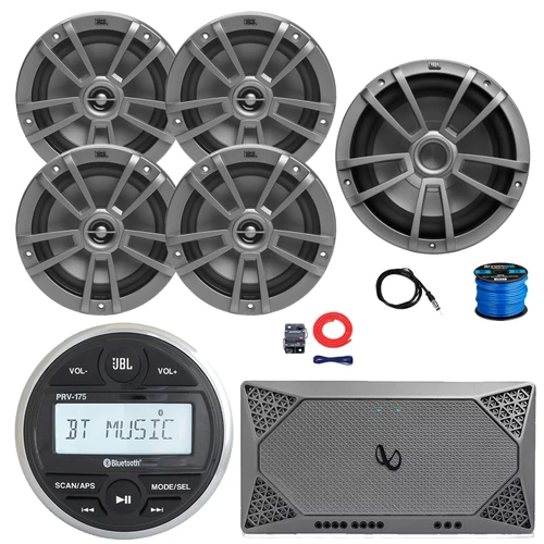 JBL PRV-175 Marine Bluetooth USB/AUX AM/FM Radio Gauge Style Digital Media Receiver, 4x 6.5" 180W Max 2-Way Gray Boat Speakers, 10" 600W Max Boat Subwoofer, 4-Channel Amplifier W/Kit, Antenna, Wire