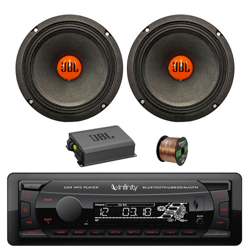 Infinity Alpha 100 Single DIN Bluetooth USB/AUX FM Radio MP3 Receiver, Amplifier, 2x 6.5" 300 Watt Peak Power Midrange Car Audio Speakers w/Wire