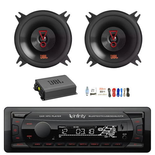 Infinity Alpha 100 Single DIN Bluetooth USB/AUX FM Radio MP3 Receiver, 2x 4" 150 Watt Peak Power 2-Way Car Audio Speakers, Amplifier w/Install Kit