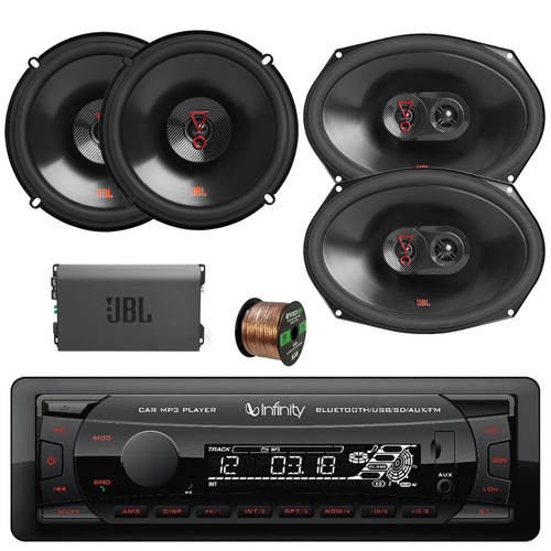 Infinity Alpha 100 Single DIN Bluetooth USB/AUX FM Radio MP3 Receiver, 2x 6.5" 225 Watt 2-Way Car Speakers, 2x 6x9" 375 Watt 3-Way Audio Speakers, 4-Channel Amplifier, Wire