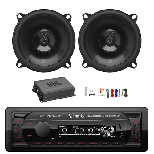 Infinity Alpha 100 Single DIN Bluetooth USB/AUX FM Radio MP3 Receiver, 2x 5.25" 135 Watt Peak Power 2-Way Car Audio Speakers, Amplifier w/Install Kit