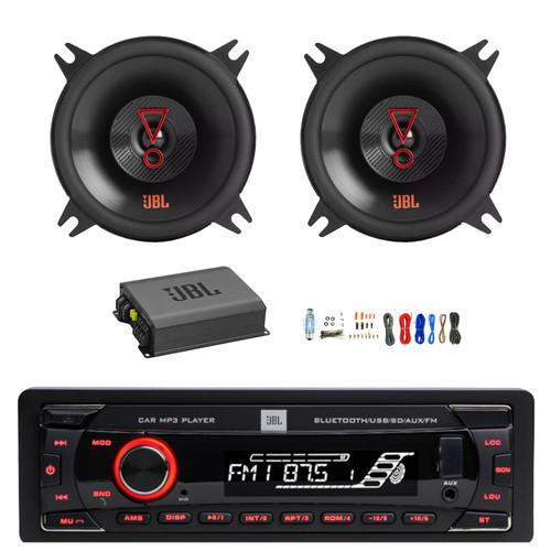 JBL Celebrity100 Single DIN Bluetooth FM Radio USB/AUX MP3 Stereo Receiver, 2x 4" 150 Watt Peak Power 2-Way Car Audio Speakers, Amplifier w/Install Kit