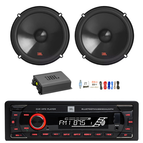 JBL Celebrity100 Single DIN Bluetooth FM Radio USB/AUX MP3 Stereo Receiver, 2x 6.5" 250 Watt Peak Power 2-Way Car Audio Speakers, Amplifier w/Install Kit
