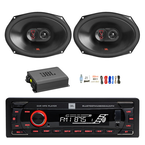 JBL Celebrity100 Single DIN Bluetooth FM Radio USB/AUX MP3 Stereo Receiver, 2x 6x9" 375 Watt Peak Power 3-Way Car Audio Speakers, Amplifier w/Install Kit