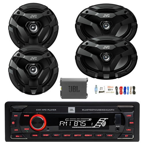 JBL Celebrity100 Single DIN Bluetooth FM Radio USB/AUX MP3 Stereo Receiver, 2x 6.5" 300 Watt 2-Way Car Speakers, 2x 6x9" 400 Watt 2-Way Audio Speakers, 4-Channel Amplifier w/ Install Kit