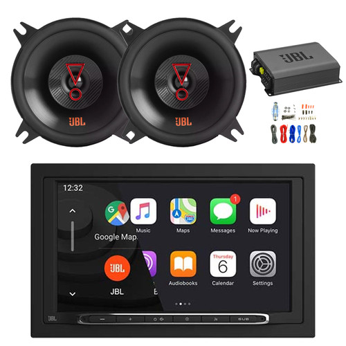 JBL Legend 700 7” Touchscreen Double-DIN Bluetooth AM/FM Receiver, 2x  4" 2-Way 150 Watt Peak Power Car Audio Speakers, Amplifier w/ Install Kit