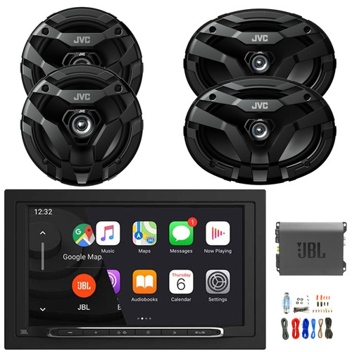 JBL Legend 700 7” Touchscreen Double-DIN Bluetooth AM/FM Receiver, 2x 6.5" 300 Watt 2-Way Car Speakers, 2x 6x9" 400 Watt 3-Way Audio Speakers, 4-Channel Amplifier w/ Install Kit