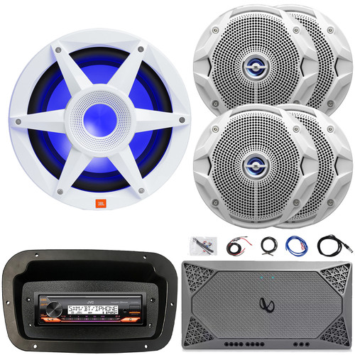 JVC KD-X38MBS Single-DIN Marine Bluetooth USB/AUX LED AM/FM Stereo SiriusXM Ready Receiver W/Spa Bezel + Adapter Plate, 4x 6.5" 180W Max Speakers, 10" RGB LED Subwoofer, Amplifier W/Kit, Antenna
