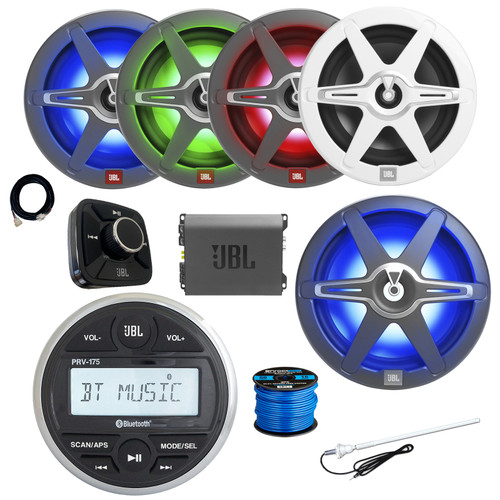 JBL PRV-175 Marine Gauge Style USB Bluetooth AM/FM Digital Stereo Receiver w/Remote, Extension, 4x 8" 450W 2-Way Multicolor LED Speakers, 12" LED Subwoofer, 4-Channel Amplifier, Radio Antenna, Wire