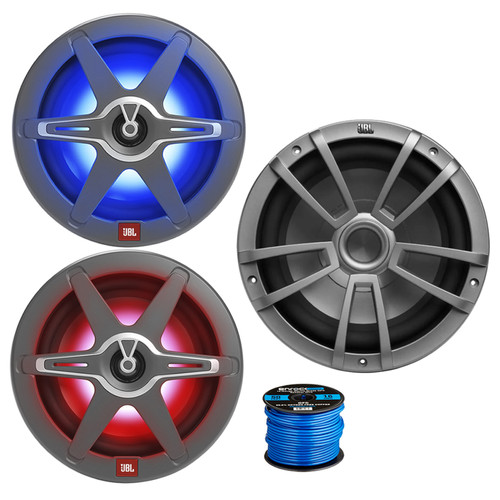 JBL Club 82 8" 450 Watt Peak Power 2-Way High-Perfomance Marine Multicolor LED Audio Speakers w/White and Gray Grilles (Pair), 10" White Subwoofer, 16 Gauge 50 ft Speaker Wire