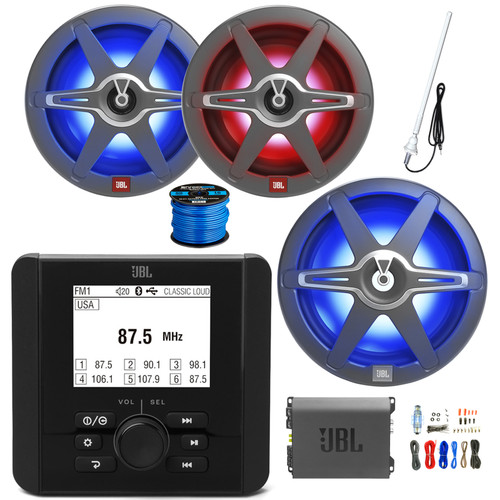 JBL JAM3000 Marine Gauge Hole Mount Bluetooth AM/FM Radio Receiver, 2x 8" 450 Watt 2-Way Multicolor LED Outdoor Speakers, 12" LED Subwoofer, 4-Channel Amplifier w/Install Kit, Radio Antenna, Wire