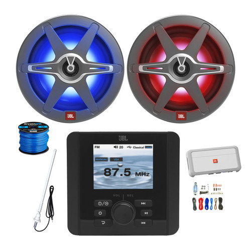 JBL JAM5000N Gauge Style Bluetooth AM/FM Radio NMEA 2000 Digital Marine Receiver,  2x 8" 450 Watt 2-Way Multicolor LED Outdoor Audio Speakers, Amplifier w/Install Kit, Radio Antenna, Wire