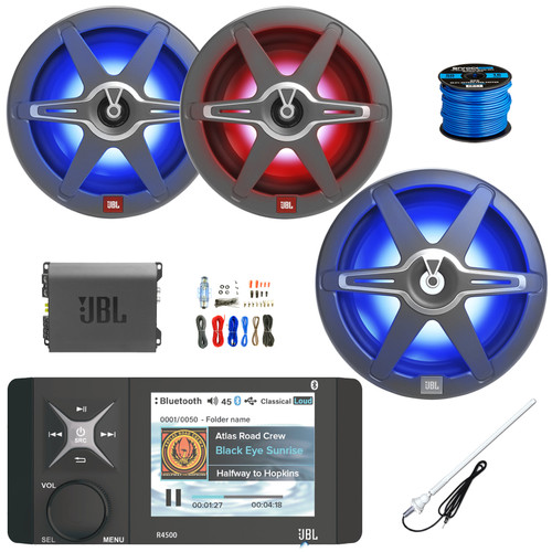 JBL R4500 4" Display Marine Bluetooth AM/FM/WB Stereo Receiver, 2x 8" 450 Watt 2-Way Multicolor LED Outdoor Speakers, 12" LED Subwoofer, 4-Channel Amplifier w/Install Kit, Radio Antenna, Wire