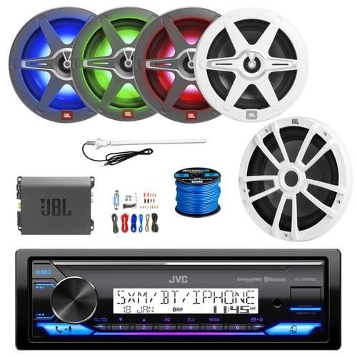 JVC KD-X38MBS Single DIN Marine Bluetooth AM/FM Stereo Receiver, 4x 8" 450 Watt 2-Way Multicolor LED Outdoor Speakers, 10" Subwoofer, 4-Channel Amplifier w/Install Kit, Radio Antenna, Wire