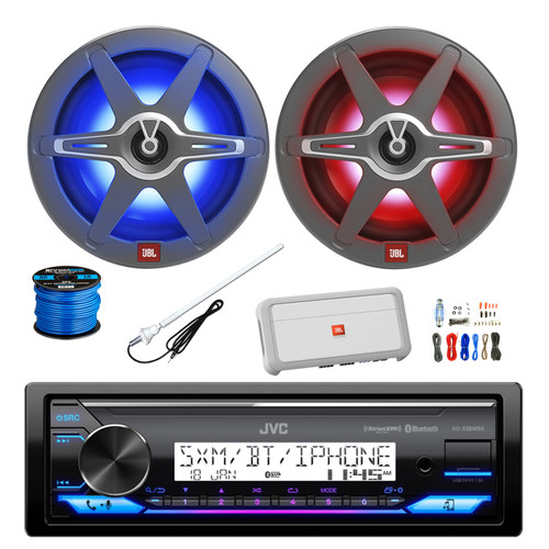 JVC KD-X38MBS Single DIN Marine Bluetooth AM/FM Stereo Receiver, 2x 8" 450 Watt 2-Way Multicolor LED Outdoor Audio Speakers, Amplifier w/Install Kit, Radio Antenna, Wire