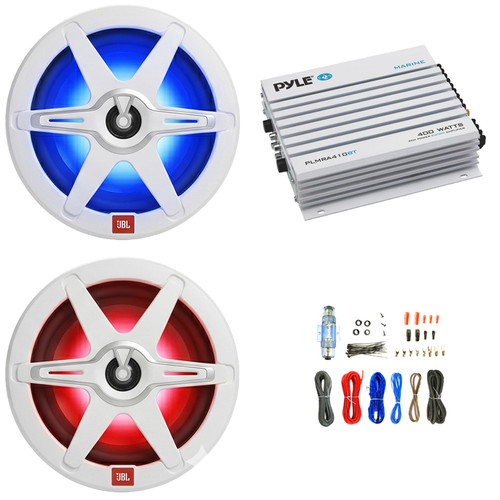 2x JBL Club 82 8" 450W Max Power 2-Way RGB LED Marine Speakers with White & Gray Grilles, Pyle PLMRA410BT 4 Channel 400W Max Waterproof Bluetooth Amplifier, 8 Gauge Amplifier Wiring Installation Kit