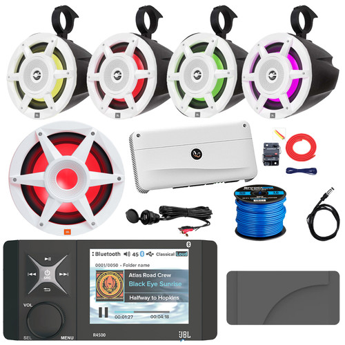 4" Color LCD Display Marine Bluetooth USB/AUX WB AM/FM Radio Stereo Receiver W/Cover, 4x 8" 500W Max RGB LED Speakers W/Pods, 10" 900W Max Subwoofer, 5CH Amplifier W/Kit, Adapter, Antenna, Wire