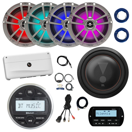 JBL PRV-175 Marine Bluetooth USB AM/FM Gauge Style Hole Mount Digital Media Receiver W/Remote + Extension Cable, 4x 6.5" 225W Peak RGB LED Speakers, Subwoofer, Amplifier W/Kit, Adapter, Antenna, Wire