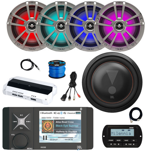 JBL Wake Series R4500 Marine Bluetooth USB/AUX WB AM/FM Stereo Receiver W/Remote + Extension Cable, 4x 6.5" 225W Max Speakers, 10" 1050W Max Subwoofer, 4-Channel Amplifier, Adapter, Antenna, Wire