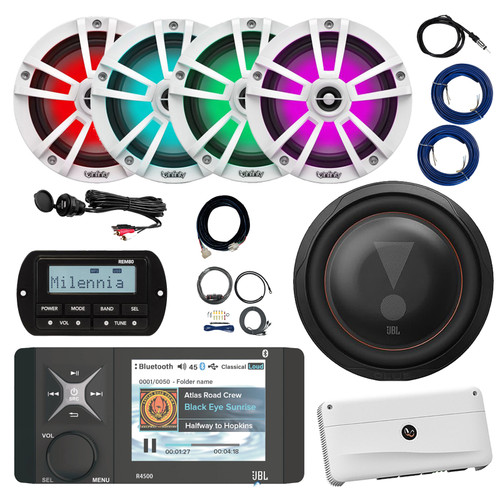JBL Wake Series R4500 Marine Bluetooth USB/AUX WB AM/FM Stereo Receiver W/Remote + Extension Cable, 4x 6.5" 225W Max Speakers, 10" Subwoofer, 5-Channel Amplifier W/Kit, Adapter, Antenna, Wire