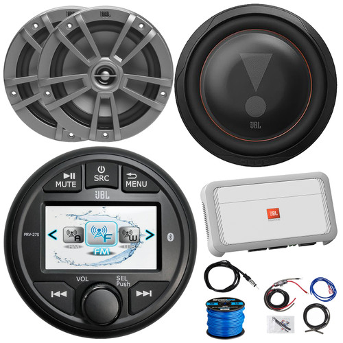 JBL PRV-275 Marine Bluetooth USB/AUX WB AM/FM Radio Gauge Style Digital Media Receiver, 2x 6.5" 180W Max 2-Way Multi-Element Gray Speakers, 10” Subwoofer, 4-Channel Amplifier W/Kit, Antenna, Wire