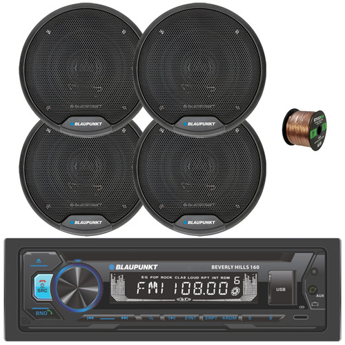 Blaupunkt Beverly Hills 160 Single DIN Detachable Face Bluetooth CD/DVD Player AM/FM Radio Stereo Receiver, 4x 5" 40 Watt Max Power 2-Way Car Audio Speakers, 50 Feet 16 Gauge Speaker Wire