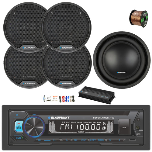 Blaupunkt Beverly Hills 160 Single DIN Detachable Face Bluetooth CD/DVD Player AM/FM Radio Stereo Receiver, 4x 6" 40W Max 3-Way Car Speakers, 10" 1000W Max Subwoofer, 5-Channel Amplifier w/Kit, Wire