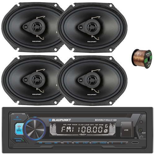 Blaupunkt Beverly Hills 160 Single DIN Detachable Face Bluetooth CD/DVD Player AM/FM Radio Stereo Receiver, 4x 6x8" 60 Watt Max Power 3-Way Car Audio Speakers, 50 Feet 16 Gauge Speaker Wire