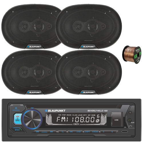 Blaupunkt Beverly Hills 160 Single DIN Detachable Face Bluetooth CD/DVD Player AM/FM Radio Stereo Receiver, 4x 6x9" 70 Watt Max Power 4-Way Car Audio Speakers, 50 Feet 16 Gauge Speaker Wire