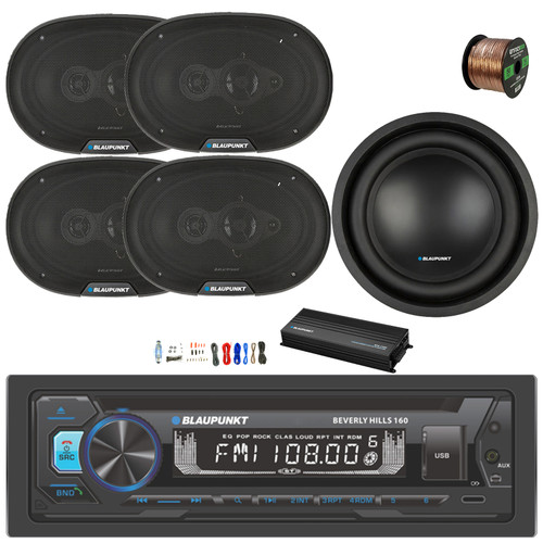 Blaupunkt Beverly Hills 160 Single DIN Detachable Face Bluetooth CD/DVD Player AM/FM Radio Stereo Receiver, 4x 6x9" 70W Max 4-Way Car Speakers, 10" 1000W Max Subwoofer, 5-Channel Amplifier w/Kit, Wire