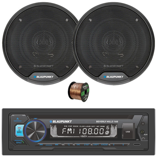 Blaupunkt Beverly Hills 160 Single DIN Detachable Face Bluetooth CD/DVD Player AM/FM Radio Stereo Receiver, 2x 4" 40 Watt Max Power 2-Way Car Audio Speakers, 50 Feet 16 Gauge Speaker Wire
