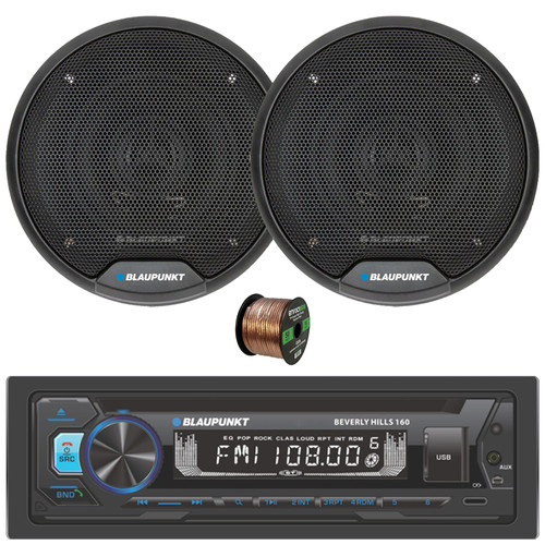 Blaupunkt Beverly Hills 160 Single DIN Detachable Face Bluetooth CD/DVD Player AM/FM Radio Stereo Receiver, 2x 5" 40 Watt Max Power 2-Way Car Audio Speakers, 50 Feet 16 Gauge Speaker Wire