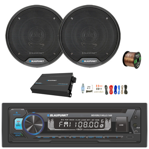 Blaupunkt Beverly Hills 160 Single DIN Detachable Face Bluetooth CD/DVD Player AM/FM Radio Stereo Receiver, 2x 6" 40 Watt Max Power Full Range 3-Way Car Audio Speakers, 4-Channel Amplifier w/Kit, Wire