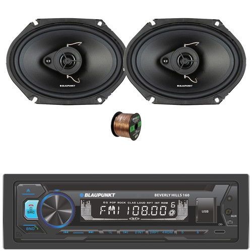 Blaupunkt Beverly Hills 160 Single DIN Detachable Face Bluetooth CD/DVD Player AM/FM Radio Stereo Receiver, 2x 6x8" 60 Watt Max Power 3-Way Car Audio Speakers, 50 Feet 16 Gauge Speaker Wire