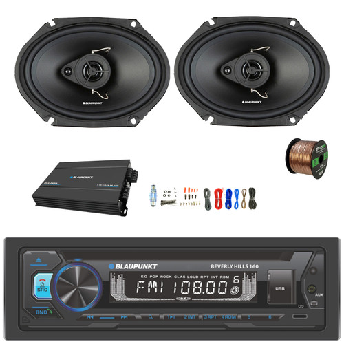 Blaupunkt Beverly Hills 160 Single DIN Detachable Face Bluetooth CD/DVD Player AM/FM Radio Stereo Receiver, 2x 6x8" 60 Watt Max Power 3-Way Car Audio Speakers, 4-Channel Amplifier w/Kit, Speaker Wire