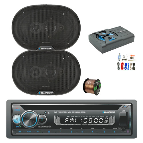 Blaupunkt Beverly Hills 150 Single DIN Bluetooth DVD/CD Stereo Receiver, 8" Under Seat Subwoofer Enclosure w/Kit, 2x 6x9" 70 Watt Max 4-Way Car Speakers w/ Wire