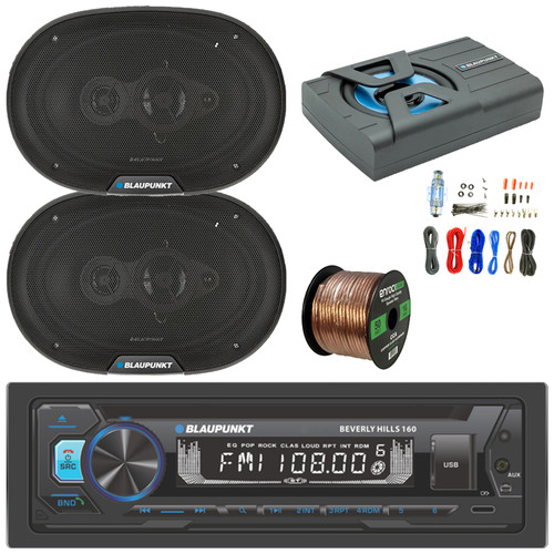 Blaupunkt Beverly Hills 160 Single DIN Detachable Face Bluetooth CD/DVD Player AM/FM Radio Stereo Receiver, 2x 6x9" 70W Max 4-Way Car Speakers, 8" 320W Max Under Seat Subwoofer Enclosure w/Kit, Wire