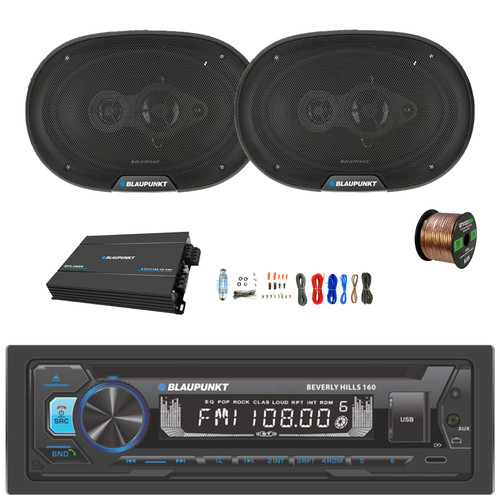 Blaupunkt Beverly Hills 160 Single DIN Detachable Face Bluetooth CD/DVD Player AM/FM Radio Stereo Receiver, 2x 6x9" 70 Watt Max Power 4-Way Car Audio Speakers, 4-Channel Amplifier w/Kit, Speaker Wire