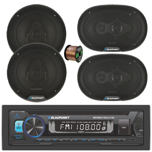 Blaupunkt Beverly Hills 160 Single DIN Detachable Face Bluetooth CD/DVD Player AM/FM Radio Stereo Receiver, 2x 6x9" 70W Max 4-Way Car Speakers, 2x 6" 40W Max 3-Way Full Range Speakers, Speaker Wire