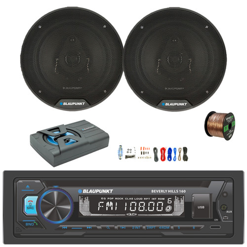 Blaupunkt Beverly Hills 160 Single DIN Detachable Face Bluetooth CD/DVD Player AM/FM Radio Stereo Receiver, 2x 6" 40 Watt Max 3-Way Car Speakers, 8" 320W Max Under Seat Subwoofer Enclosure w/Kit, Wire