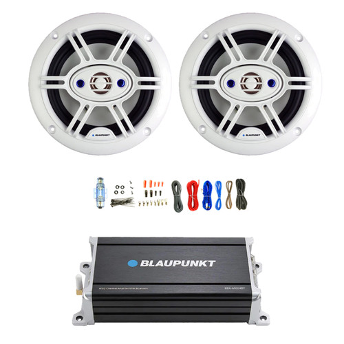 Blaupunkt BPAM604BT 1600 Watt Bluetooth 4-Channel Amplifier, 2x 6.5" 240 Watt Max 4-Way Marine Audio Speakers (White) w/Wiring Installation Kit