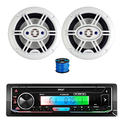 Pyle PLMRB38B Single DIN AM/FM Radio MP3 Bluetooth Marine Stereo Receiver, 2x 6.5" 240 Watt Max 4-Way Marine Outdoor Audio Speakers (White) w/Wire