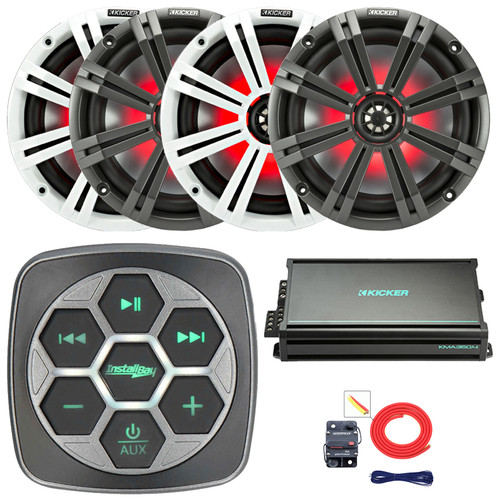 Metra IBBTR19 Marine Bluetooth 3-Zone Controller, 4x 6.5" 130W Max Power Thin-Mount RGB LED Boat Audio Speakers w/White and Silver Grilles, 4-Channel 90 Watts x 4 Amplifier, 8 Gauge Amp Wiring Kit