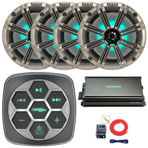 Metra IBBTR19 Marine Bluetooth 3-Zone Controller, 4x 8" 300W Max Power RGB LED Boat Audio Speakers, 4x 8" Silver Grille Speakers, 4-Channel 90 Watts x 4 Full-Range Amplifier, 8 Gauge Amp Wiring Kit