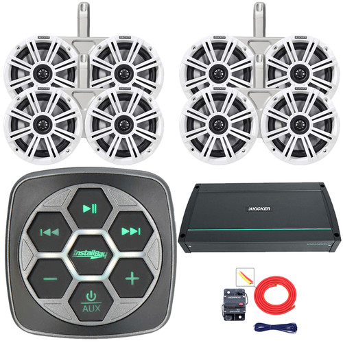 Metra IBBTR19 Marine Bluetooth 3-Zone Controller, 8x 6.5" 195W Max 4-Ohm Coaxial Speakers W/Charcoal and White Grilles, 8x Dual Tower White Speaker Enclosures, 800W 8-Channel Class D Amplifier W/Kit
