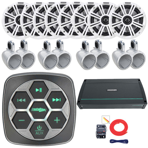 Metra IBBTR19 Marine Bluetooth 3-Zone Controller, 8x 6.5" 195W Max 4-Ohm Coaxial Speakers W/Charcoal and White Grilles, 8x Single Tower White Speaker Enclosures, 800W 8-Channel Class D Amplifier W/Kit