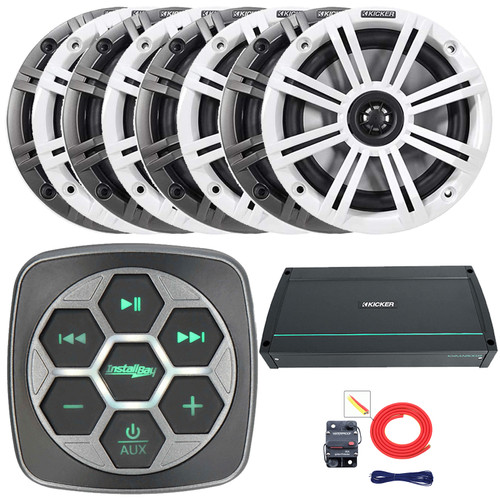 Metra IBBTR19 Marine Bluetooth 3-Zone Controller, 8x 6.5" 195 Watts Max Power 4-Ohm Boat Coaxial Speakers W/Charcoal and White Grilles, 800 Watt 8-Channel Full-Range Class D Amplifier, Amp Install Kit
