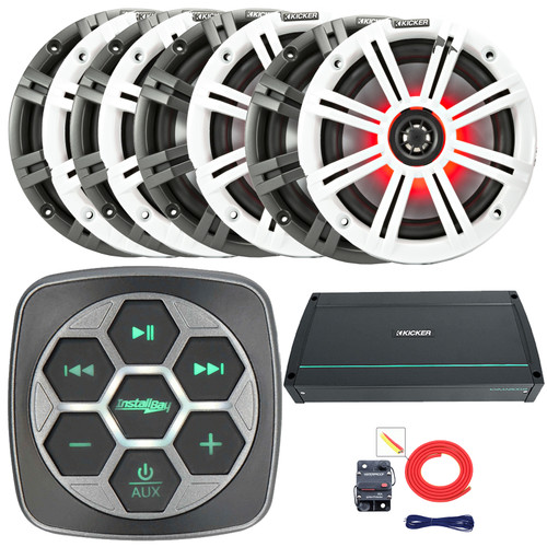 Metra IBBTR19 Marine Bluetooth 3-Zone Controller, 8x 6.5" 195W Max Power RGB LED Boat Speakers w/Charcoal and White Grilles, 800 Watt 8-Channel Full-Range Class D Amplifier, 8 Gauge Amp Install Kit