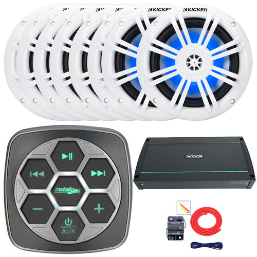 Metra IBBTR19 Marine Bluetooth 3-Zone Controller, 8x 6.5" 150W Max Power 4 ohms RGB LED Boat Coaxial Speakers, 800 Watt 8-Channel Full-Range Class D Amplifier, 8 Gauge Amplifier Installation Kit