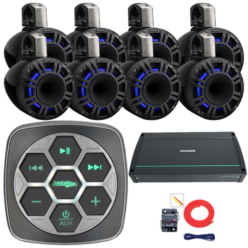 Metra IBBTR19 Marine Bluetooth 3-Zone Controller, 8x 8" 500 Watts Max Power Black LED Tower System Speakers, 800 Watt 8-Channel Full-Range Class D Amplifier, 8 Gauge Amplifier Installation Kit